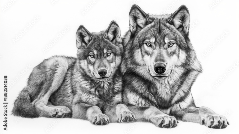 Fototapeta premium Two wolves resting together, black and white pencil sketch with expressive detail and bond