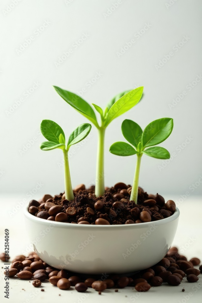Naklejka premium Sprouts and seedlings in a shallow container against white, seeds, garden, horticulture
