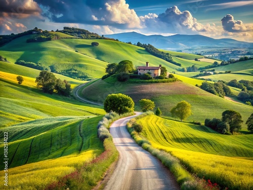 Rolling Hills Panorama: A winding road snakes through a vibrant, sun-kissed landscape of rolling green hills, with a charming house nestled atop one of the peaks, under a sky of billowy clouds.