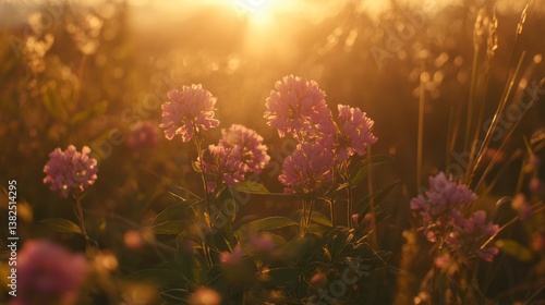 Sunset wildflowers meadow, vibrant, beautiful, golden light, nature scene, peaceful, perfect for prints, cards, and more