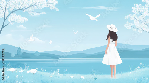 A serene landscape featuring a woman in a white dress by a tranquil lake with birds flying.