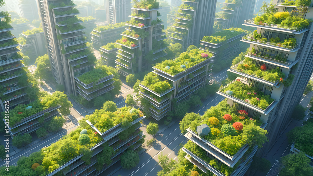 Obraz premium Green Rooftop Building with Trees and Gardens, Blending Nature into City Life. Ideal for Sustainable Architecture, Urban Planning, and Eco-Friendly Living Themes, Promoting Green Spaces and Earth Day.