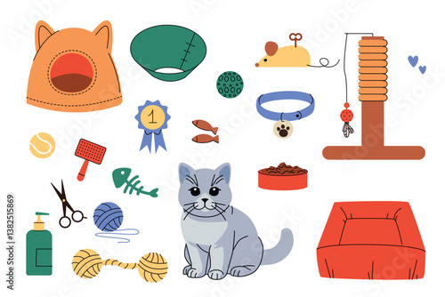 Illustration of a gray cat surrounded by pet essentials including scratching post, toys, grooming tools, food, beds, and collar. Concept for cat care, pet supplies, and feline accessories. Vector