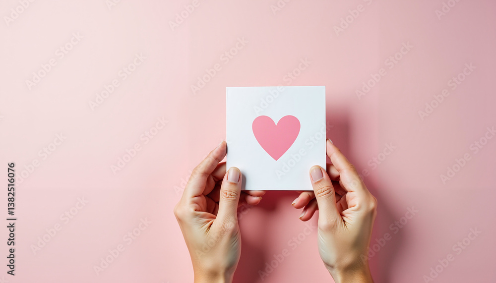 Hands holding a card with a heart symbol on a pink background Hands holding a card with a heart symbol on a pink background