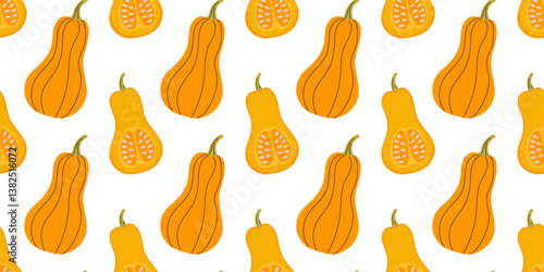 Vibrant pattern of butternut squashes and pumpkins in a cheerful layout on a white background