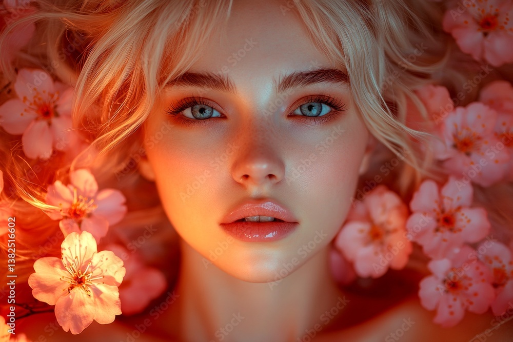 Spring mood, dark night and warm mystic light - complementary lighting. Pretty caucasian young woman surrounded by cherry blossoms. Commercial ad creative visual pattern. Spring mood, dark night and warm mystic light - complementary lighting. Pretty caucasian young woman surrounded by cherry blossoms. Commercial ad creative visual pattern.