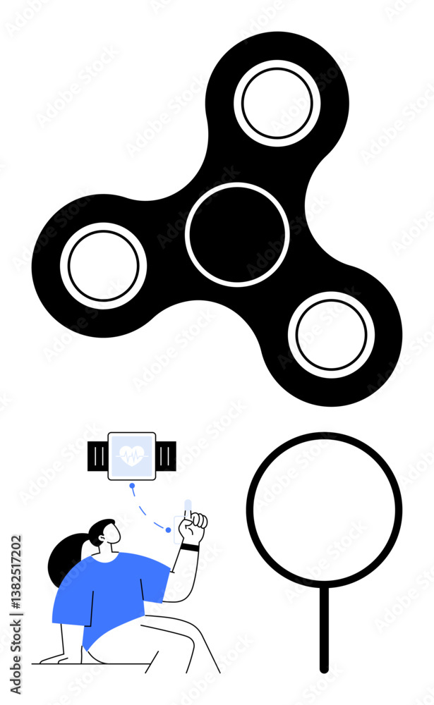 Fidget spinner, person checking smartwatch, magnifying glass. Ideal for stress relief, focus, habits, mindfulness, health tracking relaxation productivity. Flat simple metaphor Fidget spinner, person checking smartwatch, magnifying glass. Ideal for stress relief, focus, habits, mindfulness, health tracking relaxation productivity. Flat simple metaphor