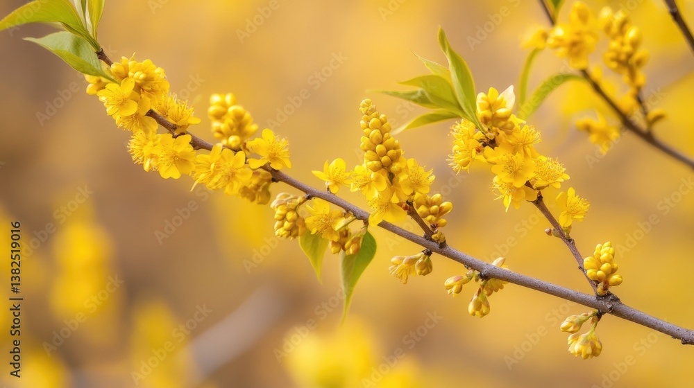 Lindera Benzoin: Yellow Wildflower Closeup on Northern Tree Branch Lindera Benzoin: Yellow Wildflower Closeup on Northern Tree Branch