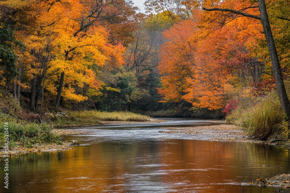 Fototapeta premium Little Miami River in Autumn: Scenic Horizontal Landscape with Fall Foliage and Vibrant Colors