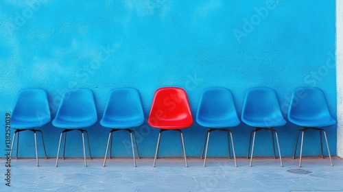 Red chair stands out among blue.