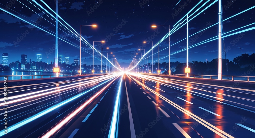 Fototapeta premium Shimmering light trails from passing vehicles on a bridge at night anime cartoon style illustration artwork design background