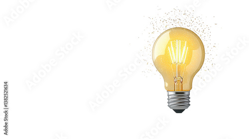 A glowing incandescent light bulb illuminating against a white background representing a bright idea innovation or burst of