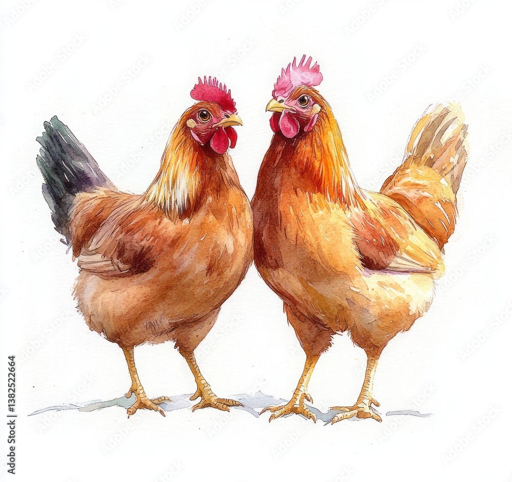 Fototapeta premium Watercolor Chickens Roosters Birds on White Background Soft Brush Strokes Warm Earthy Tones