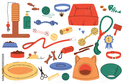 Colorful illustration of various pet supplies including toys, collars, leashes, beds, grooming tools, food bowls, treats, and accessories. Concept for pet care, dog and cat essentials, and animal