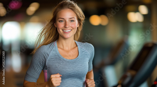 Fit young woman running on a treadmill in a dark modern gym,sportswear, symbolizing dedication, fitness lifestyle, strength, and determination in achieving health and workout goals