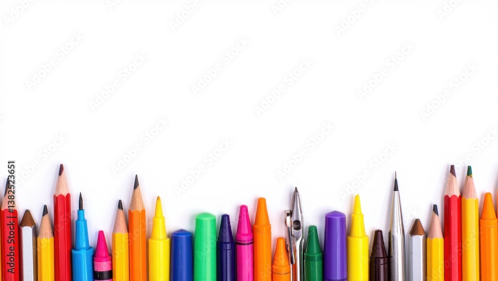 Colorful collection of crayons and pencils for art and creativity on white background