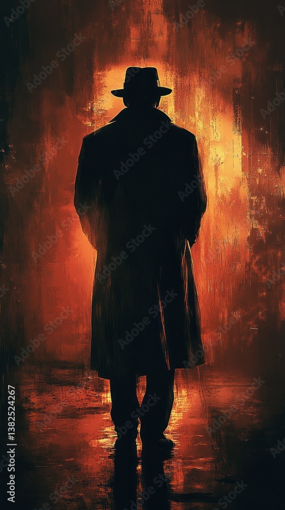 Silhouette of a Mysterious Figure in a Fedora and Trench Coat Backlit by Fire Silhouette of a Mysterious Figure in a Fedora and Trench Coat Backlit by Fire