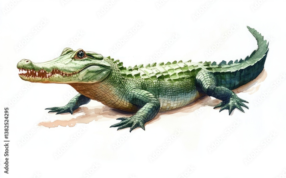 Fototapeta premium Realistic Watercolor Crocodile Illustration Vibrant Green Reptile Isolated on White Background