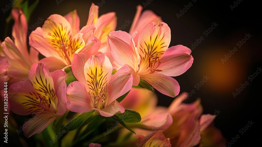 Naklejka premium Closeup of Pink Alstroemeria Flowers, Soft Light Background, Floral Arrangement, Elegant, Decorative