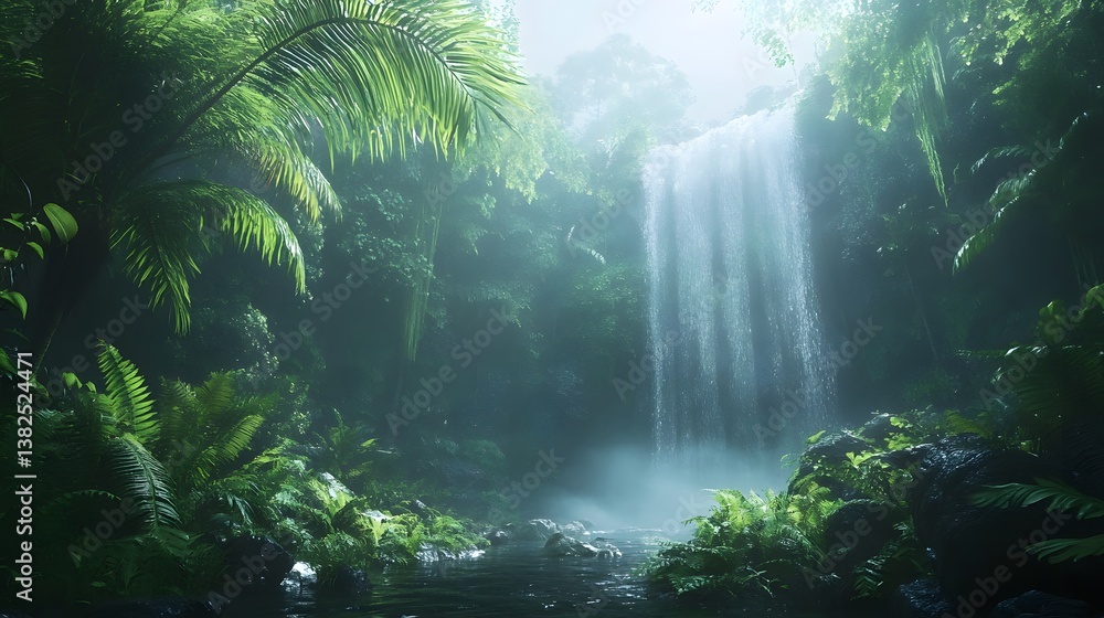 Majestic waterfall cascading through lush jungle surrounded by dense greenery and vibrant tropical flora and fauna Majestic waterfall cascading through lush jungle surrounded by dense greenery and vibrant tropical flora and fauna