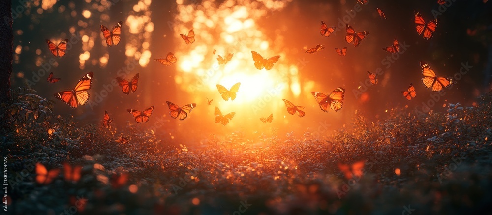 Naklejka premium Butterflies fly in sunset forest meadow