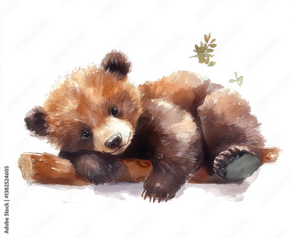 Obraz premium Cute Baby Bear Watercolor Illustration on White Background