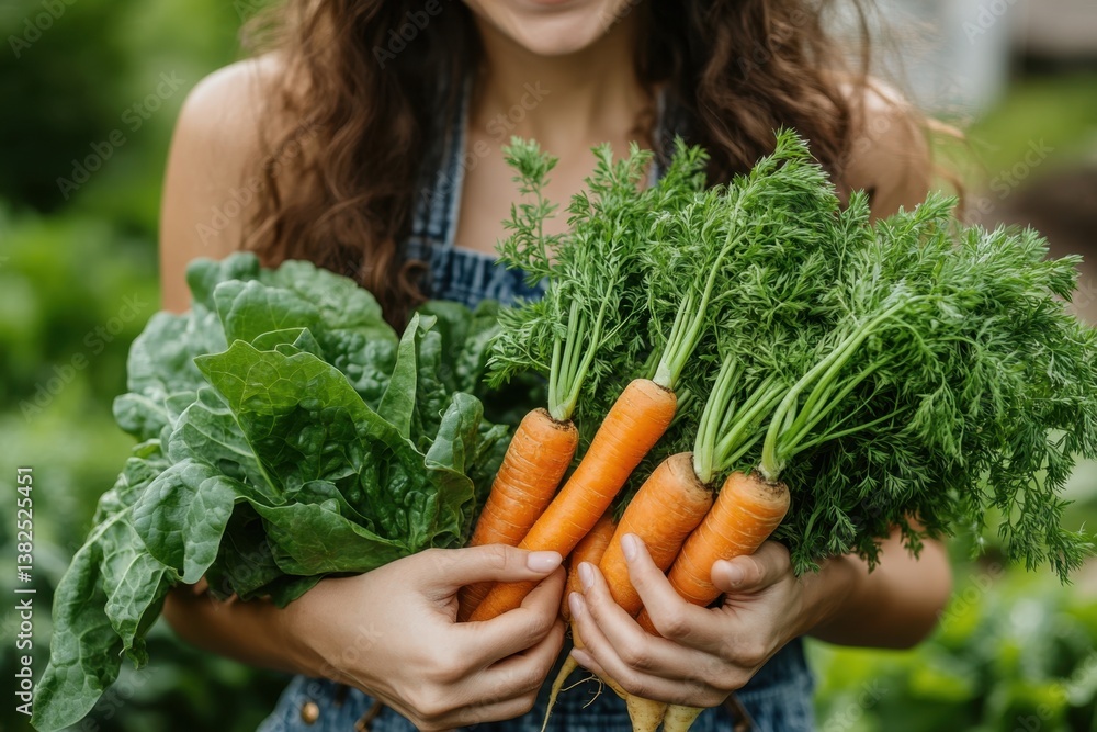 Fototapeta premium Happy woman harvesting organic vegetables in her garden on a sunny day, showcasing fresh greens and vibrant carrots