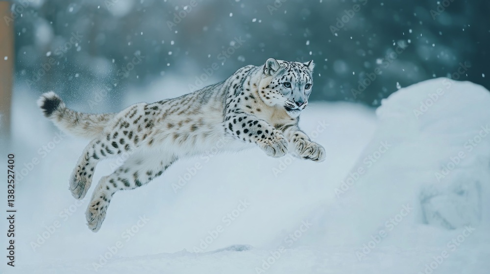 Obraz premium Snow Leopard Leaping Through Snowy Landscape in Winter Wonderland