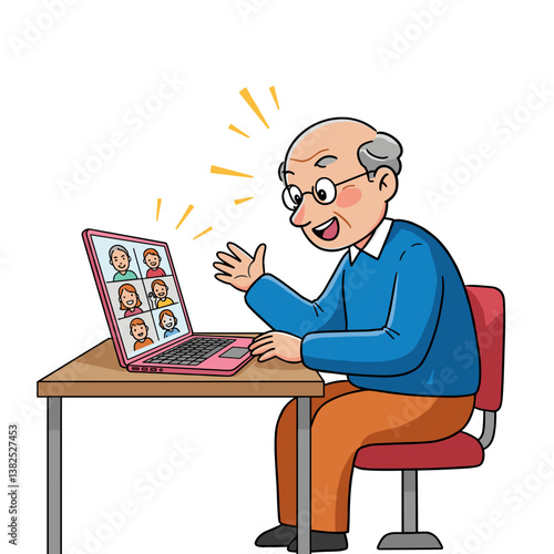 Happy elderly man video chatting with friends on laptop  