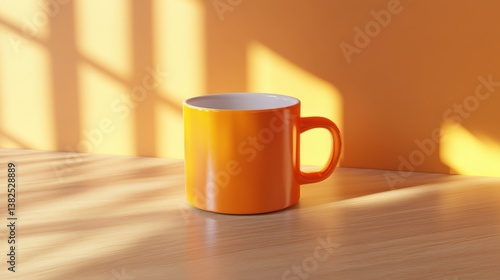 Bright Orange Cup on Wooden Table in Minimalist Style