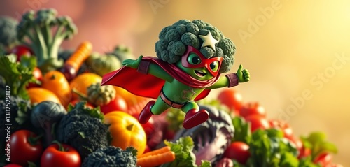 BroccStar, the broccoli superhero, soaring above vibrant vegetables, well-being, goodness