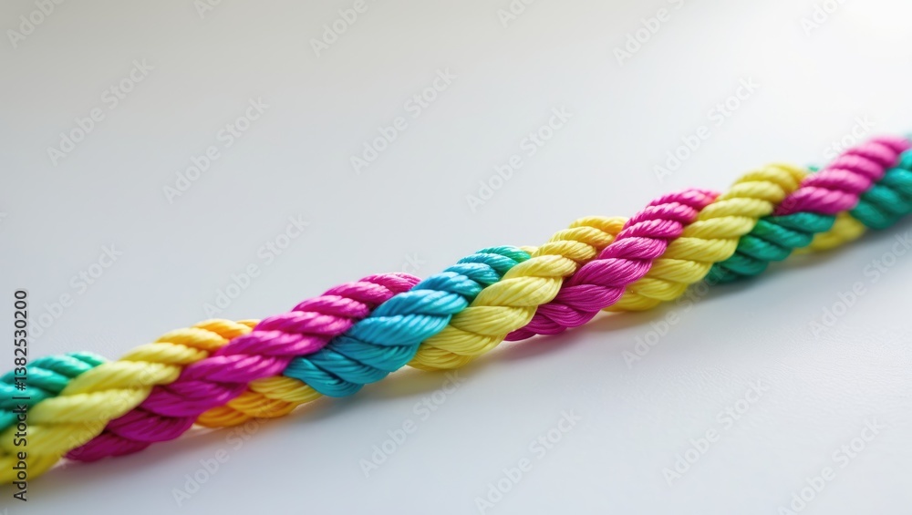 Long, straight nylon rope with vibrant colors in close-up. Long, straight nylon rope with vibrant colors in close-up.