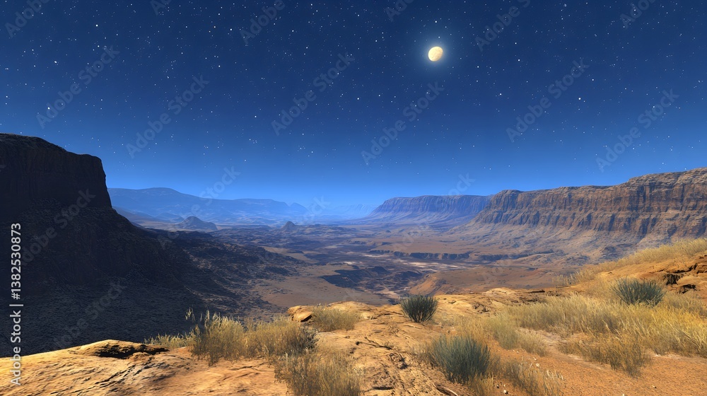 Obraz premium Majestic mountain landscape under a bright full moon illuminating the night sky in a tranquil desert setting