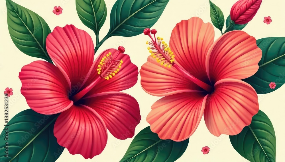 Naklejka premium Bold hibiscus flowers, stylized leaves, seamless design , flower, pattern, bold