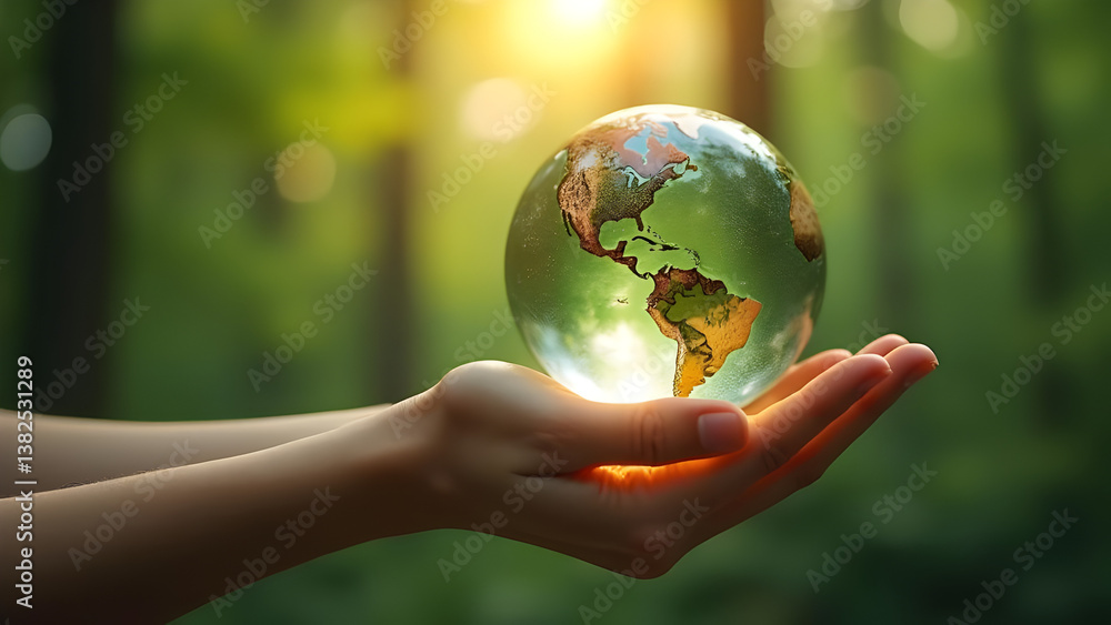 Hands Gently Cradle Glass Globe Against Forest Backdrop, Symbolizing Environmental Care and Sustainability. Ideal for Earth Day, Conservation, and Global Responsibility Themes, Evoking Hope and Planet Hands Gently Cradle Glass Globe Against Forest Backdrop, Symbolizing Environmental Care and Sustainability. Ideal for Earth Day, Conservation, and Global Responsibility Themes, Evoking Hope and Planet