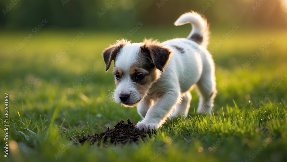 Obraz premium Pet dog puppy exploring the grass and sniffing poop.