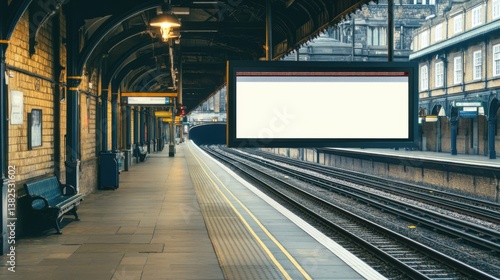 empty train platform with blank advertisement screen