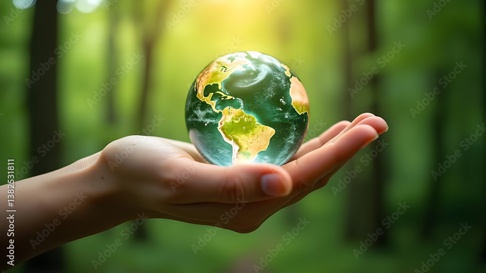 Hands Gently Cradle Glass Globe Against Forest Backdrop, Symbolizing Environmental Care and Sustainability. Ideal for Earth Day, Conservation, and Global Responsibility Themes, Evoking Hope and Planet Hands Gently Cradle Glass Globe Against Forest Backdrop, Symbolizing Environmental Care and Sustainability. Ideal for Earth Day, Conservation, and Global Responsibility Themes, Evoking Hope and Planet