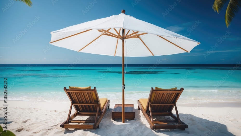 Panoramic scene of two chairs and a white umbrella on the beach. Panoramic scene of two chairs and a white umbrella on the beach.