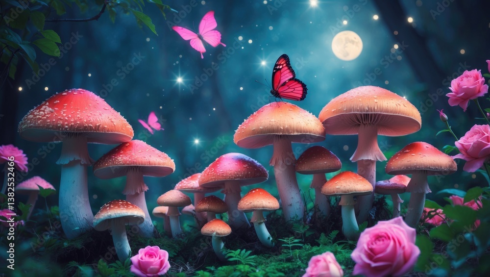 Magical fantasy mushrooms in an enchanted forest with blooming pink rose flowers and butterflies against a mysterious backdrop, sparkling glowing stars, and moon rays at night.