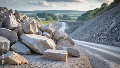 Pile of stones alongside the road in a limestone quarry.