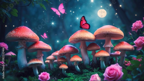Obraz na płótnie Magical fantasy mushrooms in an enchanted forest with blooming pink rose flowers and butterflies against a mysterious backdrop, sparkling glowing stars, and moon rays at night. w salonie