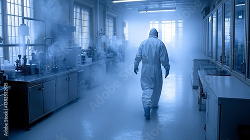 Hazmat suit person walking in lab, with machinery, cabinets, and fog