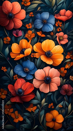Wallpaper Mural Vibrant Array of Red Blue Orange and Pink Flowers on Dark Background Torontodigital.ca