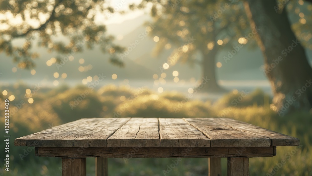 Perspective view of wood with blurred landscape backdrop Perspective view of wood with blurred landscape backdrop