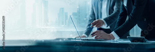 .Two young business colleagues and analysis business investment growth, Consultant Financial and banking, Brainstorming, Discussing business strategy. Teamwork together on project in modern office.