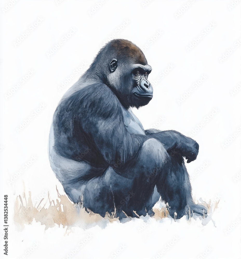 Fototapeta premium Serene Watercolor Gorilla Sitting Simple Illustration