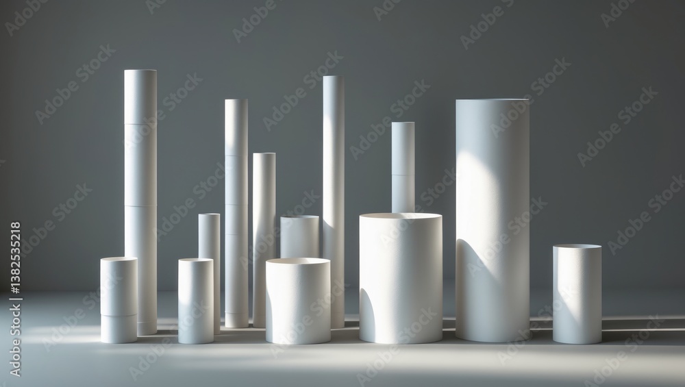 Blank white paper rolls arranged on a background. Mockup paper for magazines, catalogs, or newspapers set against a backdrop, Printing theme or wrapping paper for gifts. Blank white paper rolls arranged on a background. Mockup paper for magazines, catalogs, or newspapers set against a backdrop, Printing theme or wrapping paper for gifts.