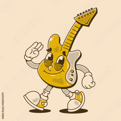 Walking electric guitar character in happy face with retro colors