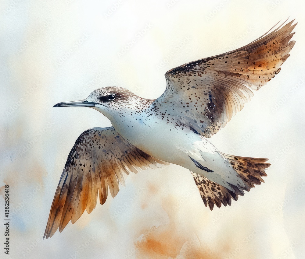 Fototapeta premium Watercolor Brown Seabird in Flight Illustration